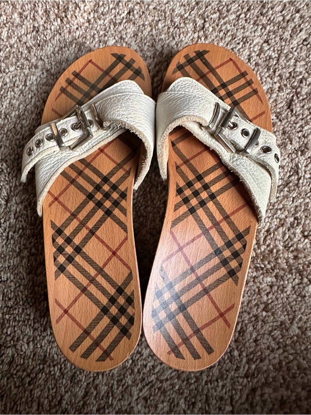 💯Authentic Vintage Burberry Nova Check Wooden Clogs w/White Leather Buckle Strap - Picture 2 of 6